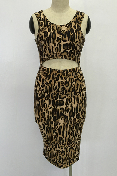 Sexy O Neck Tank Sleeveless Leopard Printed Polyester Sheath Knee Length Dress