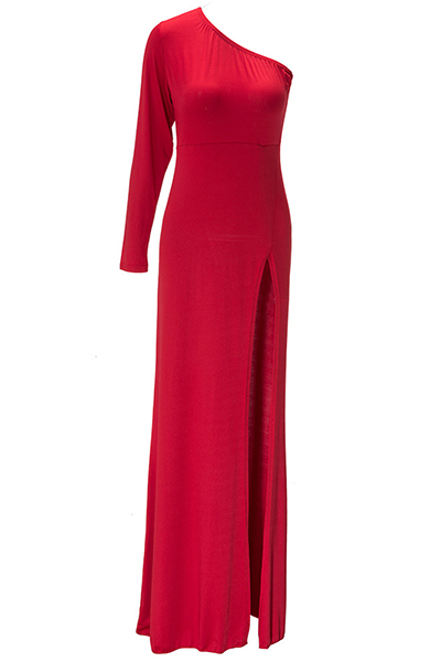 Sexy One Shoulder Long Sleeve Side Split Red Polyethylene Fibre Sheath Ankle Length Dress