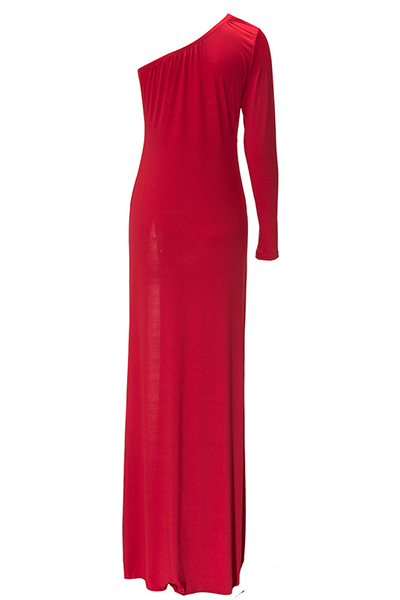 Sexy One Shoulder Long Sleeve Side Split Red Polyethylene Fibre Sheath Ankle Length Dress