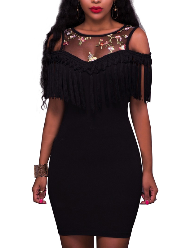 Sexy Round Neck Dew Shoulder Tassel Design Black Polyester Mini Dress