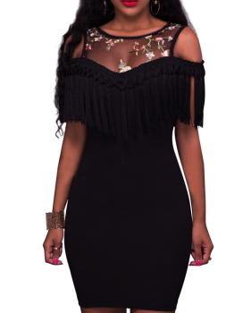 Sexy Round Neck Dew Shoulder Tassel Design Black Polyester Mini Dress