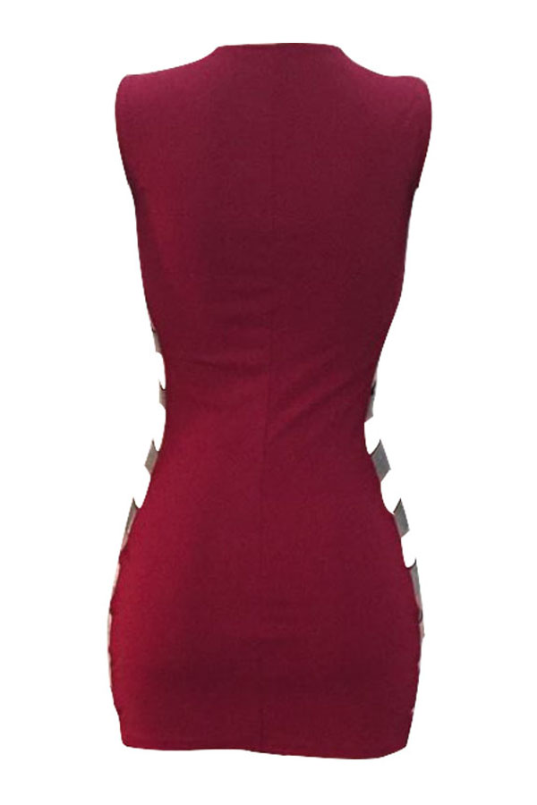 Sexy Round Neck Hollow-out Wine Red Healthy Fabric Sheath Mini Dress