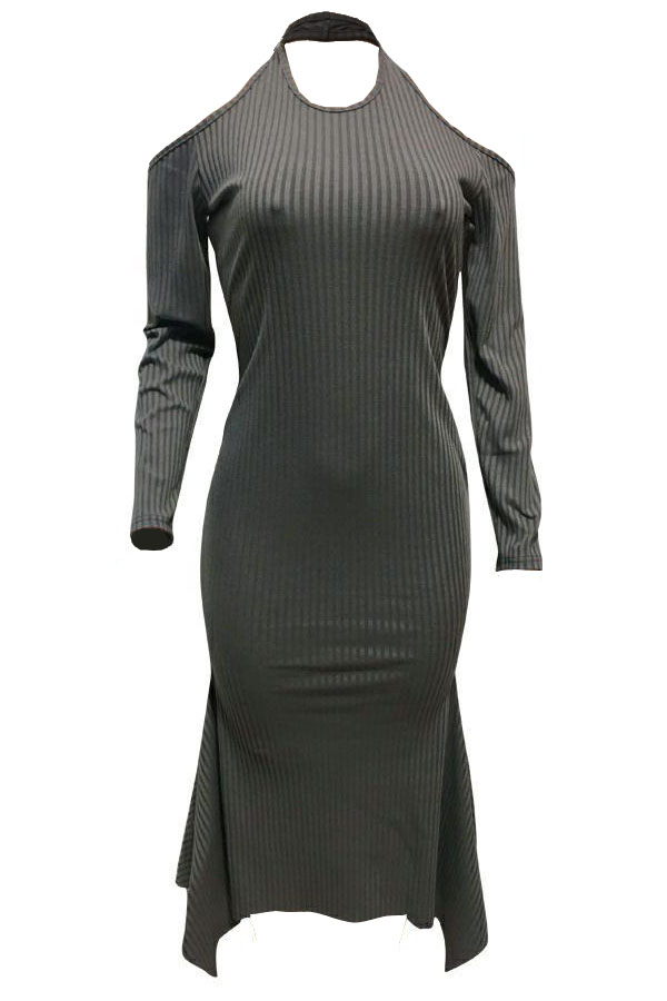 Sexy Round Neck Irregular Hems Hollow-out Grey Cotton Blend Mid Calf Dress