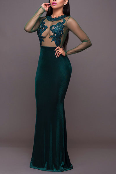 Sexy Round Neck Long Sleeves Gauze Patchwork Green Velvet Sheath Floor Length Dress