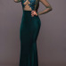 Sexy Round Neck Long Sleeves Gauze Patchwork Green Velvet Sheath Floor Length Dress