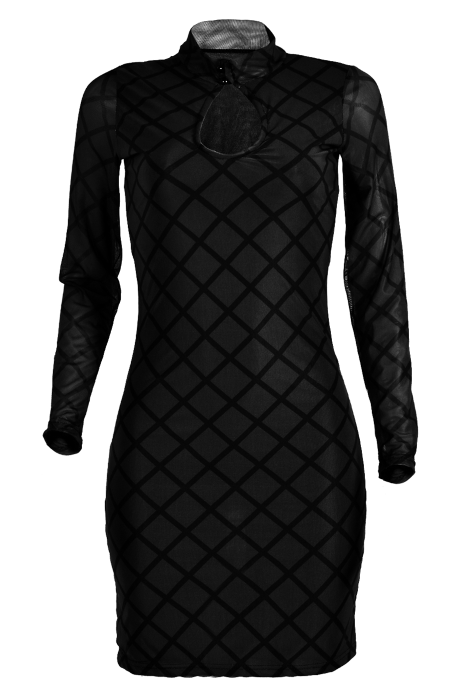 Sexy Round Neck Long Sleeves Hollow-out Black Polyester Sheath Knee Length Dress