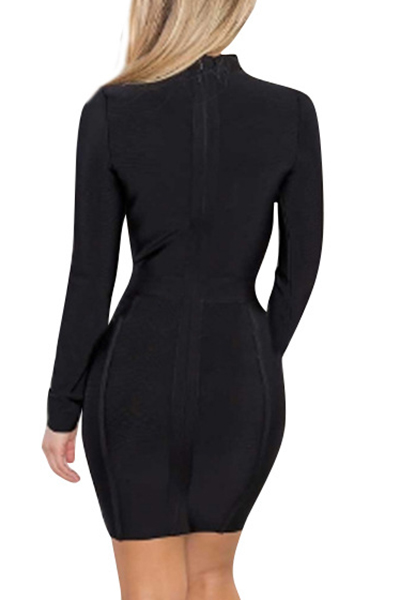 Sexy Round Neck Long Sleeves Hollow-out Black Polyester Sheath Mini Dress