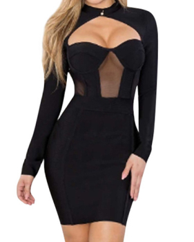 Sexy Round Neck Long Sleeves Hollow-out Black Polyester Sheath Mini Dress