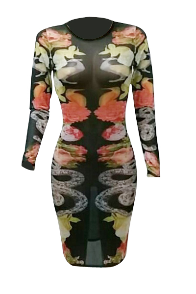 Sexy Round Neck Long Sleeves Printed See-Through Polyester Sheath Knee Length Dress