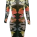 Sexy Round Neck Long Sleeves Printed See-Through Polyester Sheath Knee Length Dress