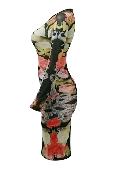 Sexy Round Neck Long Sleeves Printed See-Through Polyester Sheath Knee Length Dress