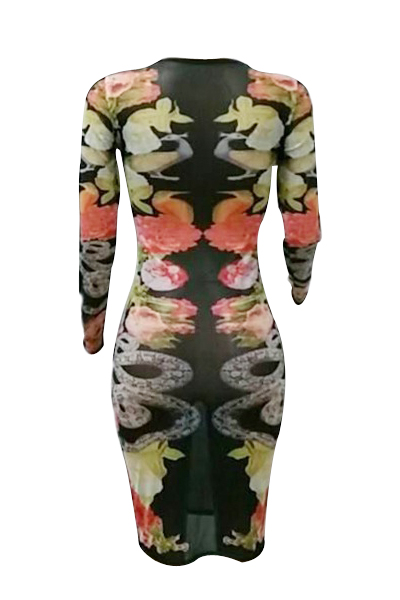 Sexy Round Neck Long Sleeves Printed See-Through Polyester Sheath Knee Length Dress