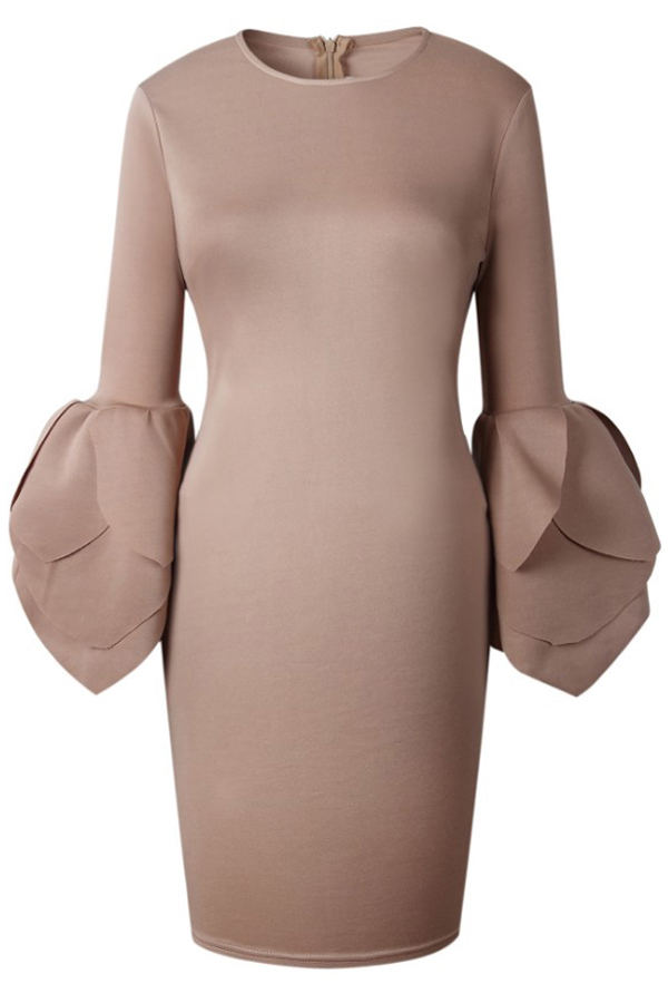 Sexy Round Neck Petal Sleeves Camel Polyester Knee Length Dress