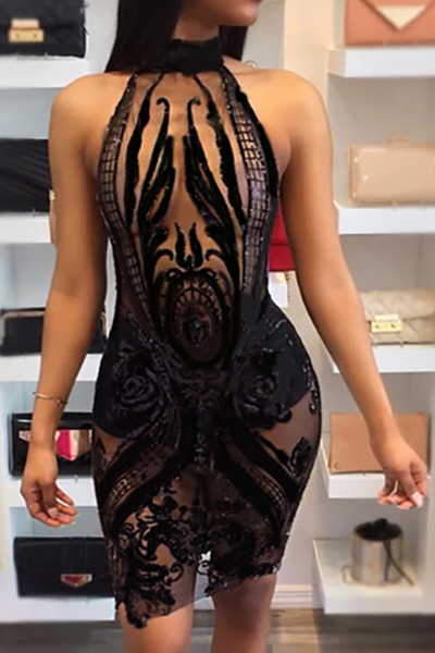 Sexy Round Neck Sequined Decorative Black Polyester Sheath Knee Length Dress(Without Lining)