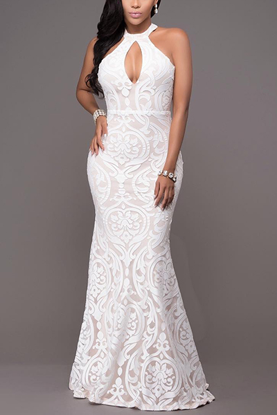 Sexy Round Neck Sleeveless Backless White Bud Silk Floor length Dress