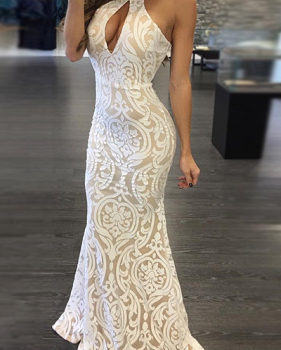 Sexy Round Neck Sleeveless Backless White Bud Silk Floor length Dress