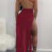 Sexy See-Through Wine Red Twilled Satin Ankle Length Dress