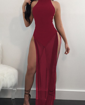 Sexy See-Through Wine Red Twilled Satin Ankle Length Dress