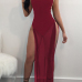 Sexy See-Through Wine Red Twilled Satin Ankle Length Dress