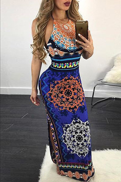 Sexy Spaghetti Strap Sleeveless Printed Dark Blue Blending Ankle Length Dress