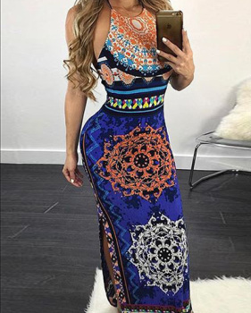 Sexy Spaghetti Strap Sleeveless Printed Dark Blue Blending Ankle Length Dress