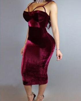 Sexy Spaghetti Straps Sleeveless Hollow-out Wine Red Velvet Sheath Mid Calf Dress