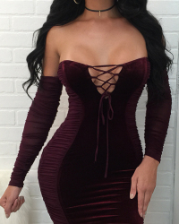 Sexy Strapless Lace-up Hollow-out Wine Red Velvet Mini Dress