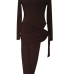 Sexy Turtleneck Long Sleeves High Split Brown Cotton Knee Length Dress