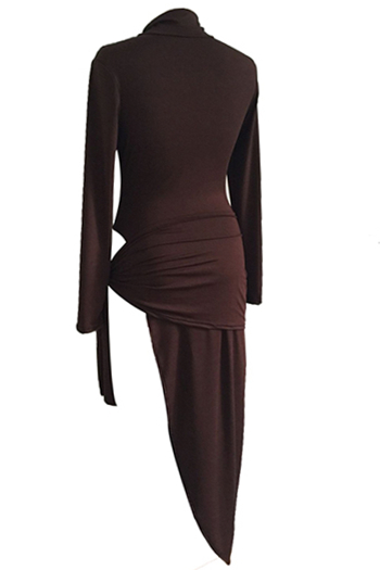 Sexy Turtleneck Long Sleeves High Split Brown Cotton Knee Length Dress