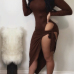 Sexy Turtleneck Long Sleeves High Split Brown Cotton Knee Length Dress