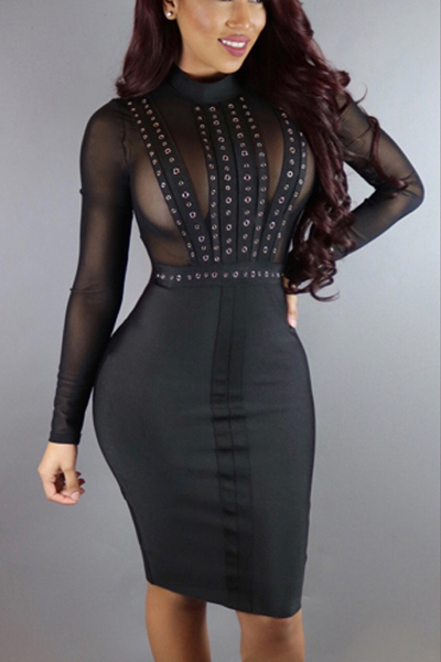 Sexy Turtleneck Long Sleeves Net Yarn Splicing Black Sheath Knee Length Dress