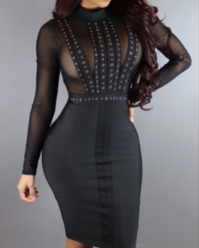 Sexy Turtleneck Long Sleeves Net Yarn Splicing Black Sheath Knee Length Dress