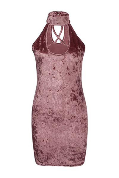 Sexy Turtleneck Sleeveless Hollow-out Pink Velvet Sheath Mini Dress