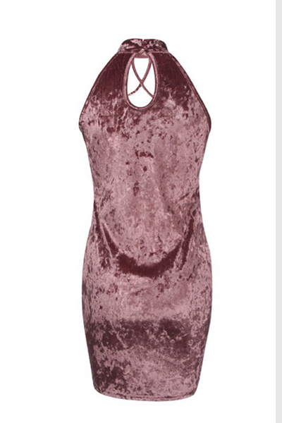 Sexy Turtleneck Sleeveless Hollow-out Pink Velvet Sheath Mini Dress