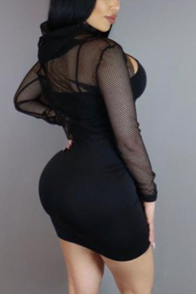 Sexy U-shaped Neck Long Sleeves Hollow-out Black Gauze Sheath Knee Length Dress