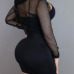 Sexy U-shaped Neck Long Sleeves Hollow-out Black Gauze Sheath Knee Length Dress