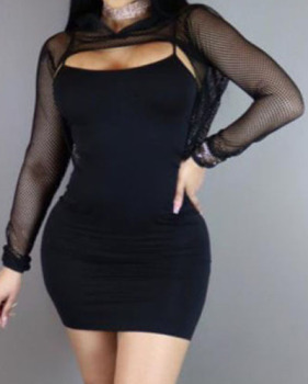 Sexy U-shaped Neck Long Sleeves Hollow-out Black Gauze Sheath Knee Length Dress