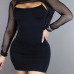 Sexy U-shaped Neck Long Sleeves Hollow-out Black Gauze Sheath Knee Length Dress