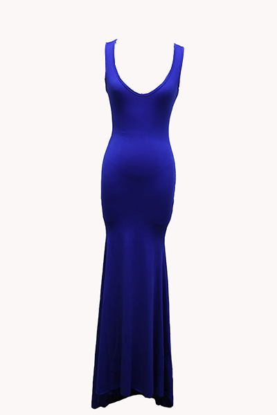 Sexy U-shaped Neck Sleeveless Blue Cotton Blend Sheath Floor Length Dress