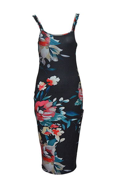 Sexy U-shaped Neck Sleeveless Floral Print  Black Milk Fiber Sheath Knee Length Dress