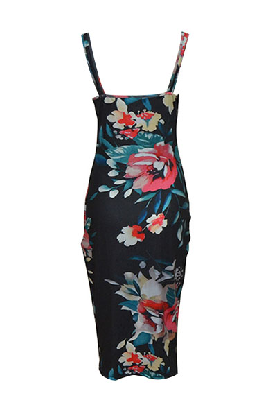 Sexy U-shaped Neck Sleeveless Floral Print  Black Milk Fiber Sheath Knee Length Dress