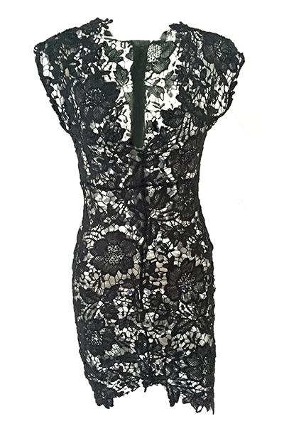 Sexy V Neck Cap Sleeves See-Through Black Lace Sheath Knee Length Dress