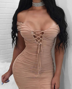 Sexy V Neck Dew Shoulder Lace-up Hollow-out Khaki Milk Fiber Sheath Mini Dress(Without Choker)