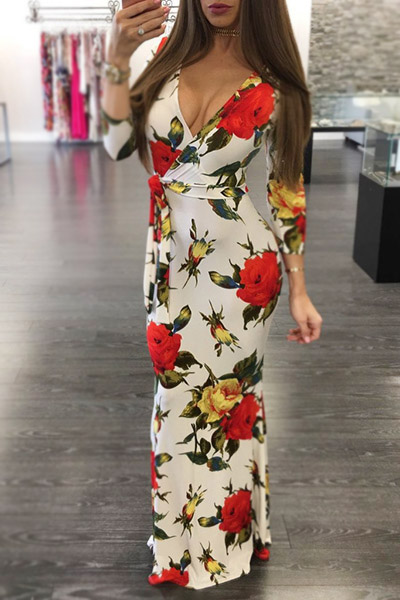 Sexy V Neck Floral Print White Cotton Sheath Ankle Length Dress(Non Positioning Printing)