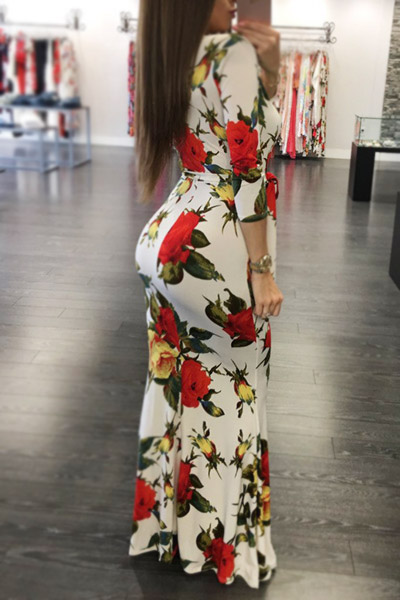 Sexy V Neck Floral Print White Cotton Sheath Ankle Length Dress(Non Positioning Printing)