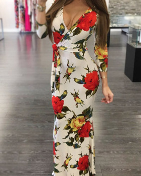 Sexy V Neck Floral Print White Cotton Sheath Ankle Length Dress(Non Positioning Printing)