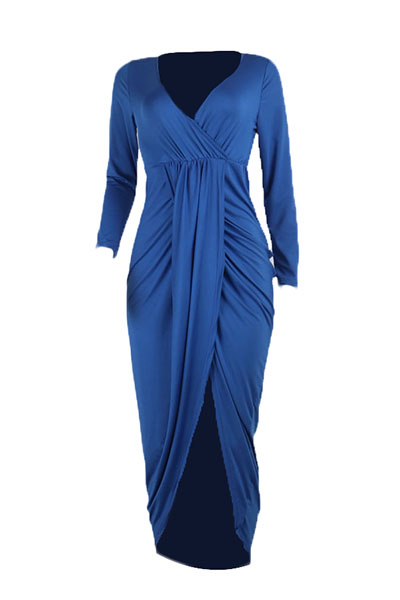 Sexy V Neck Half Sleeves Asymmetrical Blue Polyester Sheath Mid Calf Dress