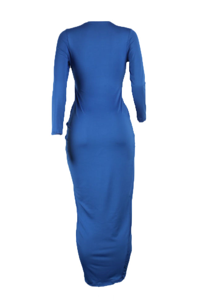 Sexy V Neck Half Sleeves Asymmetrical Blue Polyester Sheath Mid Calf Dress