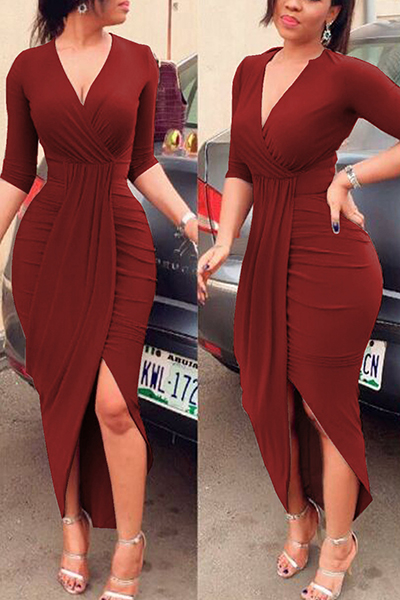 Sexy V Neck Half Sleeves Asymmetrical Red Polyester Sheath Mid Calf Dress