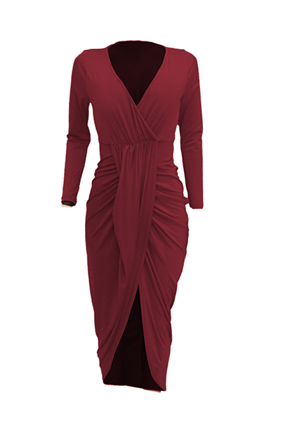 Sexy V Neck Half Sleeves Asymmetrical Red Polyester Sheath Mid Calf Dress